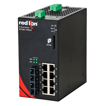 Switch industriel Red Lion NT24K-10GX2 à 2 ports fibre SC, vue de face