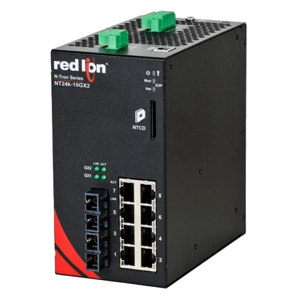 Switch industriel Red Lion NT24K-10GX2 à 2 ports fibre SC, vue de face