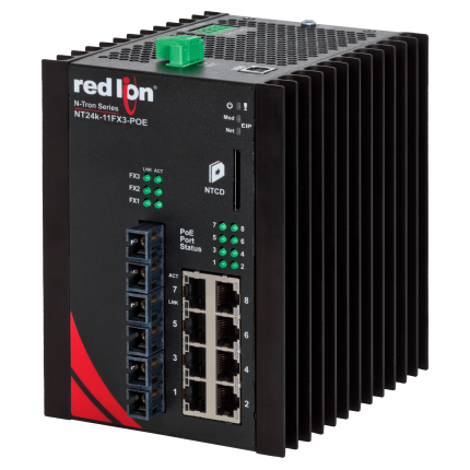 Switch PoE+ Red Lion NT24K-11FX3-SC-POE avec dissipateur, vue de biais