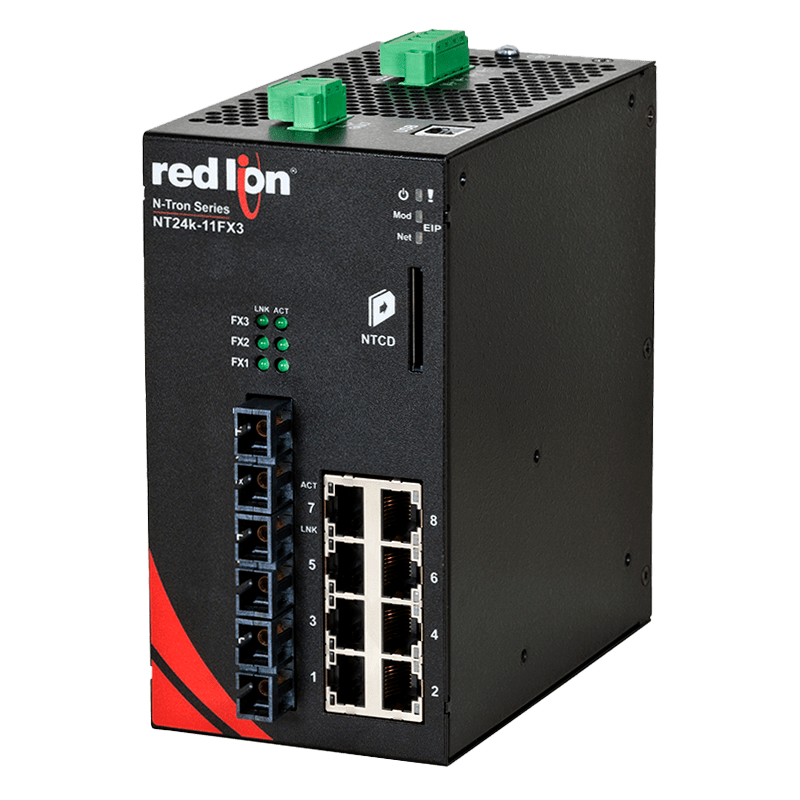 Switch Red Lion NT24K-11FX3 à 3 ports fibre 100 Mbit/s, vue de face Switch Red Lion NT24K-11FX3 à 3 ports fibre 100 Mbit/s, vue de face