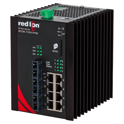 Switch PoE+ Red Lion NT24K-11GX3-SC-POE à boîtier large ventilé, vue de biais