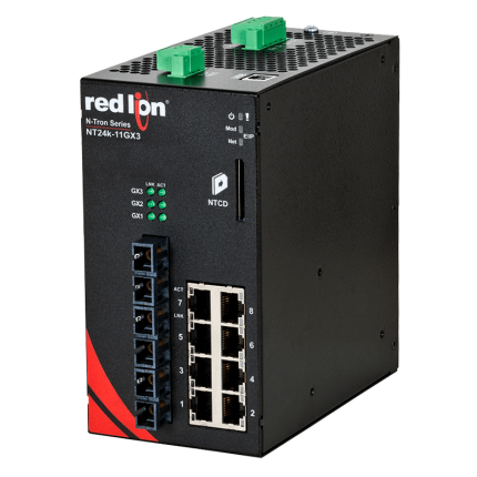 Switch manageable Red Lion NT24K-11GX3 avec 3 ports fibre SC Gigabit, vue de face