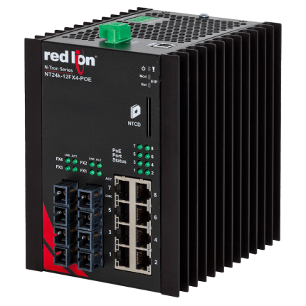 Switch PoE+ Red Lion NT24K-12FX4-SC-POE à quatre fibres, vue de biais