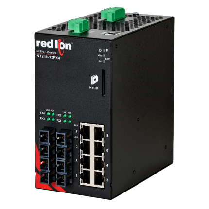 Switch manageable Red Lion NT24K-12FX4 à 4 ports fibre SC, vue de face