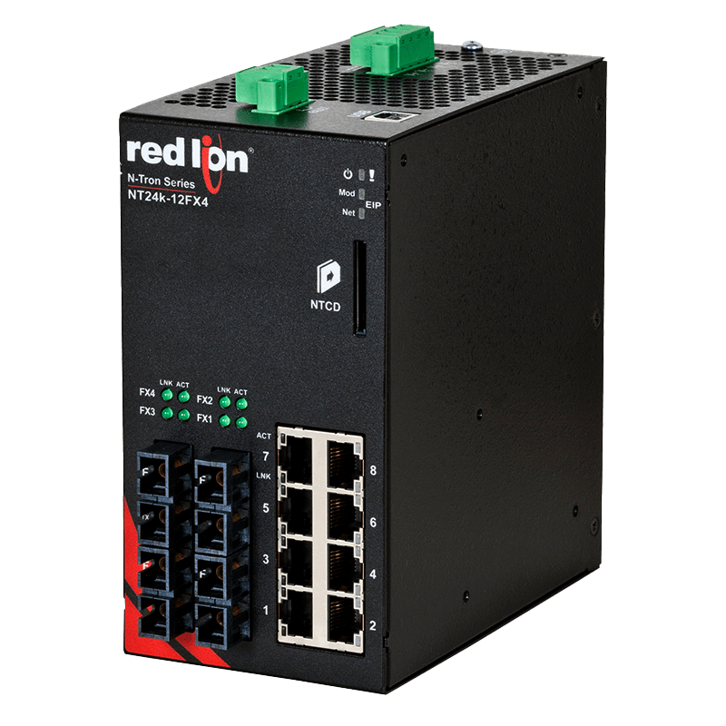 Switch manageable Red Lion NT24K-12FX4 à 4 ports fibre SC, vue de face Switch manageable Red Lion NT24K-12FX4 à 4 ports fibre SC, vue de face