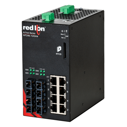 Switch industriel Red Lion NT24K-12GX4 avec 4 ports fibre SC, vue de trois quarts