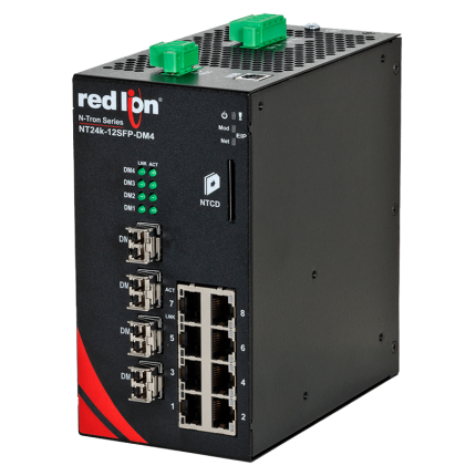 Switch Red Lion NT24K-12SFP-DM4 avec quatre cages SFP et huit RJ45