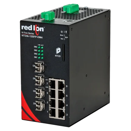 Switch Red Lion NT24K-12SFP-DM4 avec quatre cages SFP et huit RJ45
