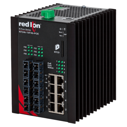 Switch fibre PoE+ Red Lion NT24K-14FX6-SC-POE avec boîtier à ailettes, vue de trois quarts
