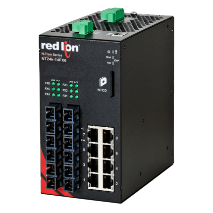 Switch Red Lion NT24K-14FX6 avec six ports fibre 100Base-FX SC, vue de biais