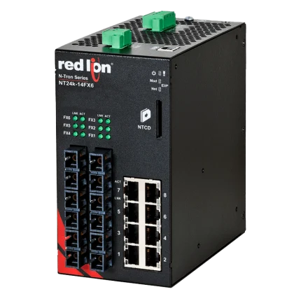 Switch Red Lion NT24K-14FX6 avec six ports fibre 100Base-FX SC, vue de biais