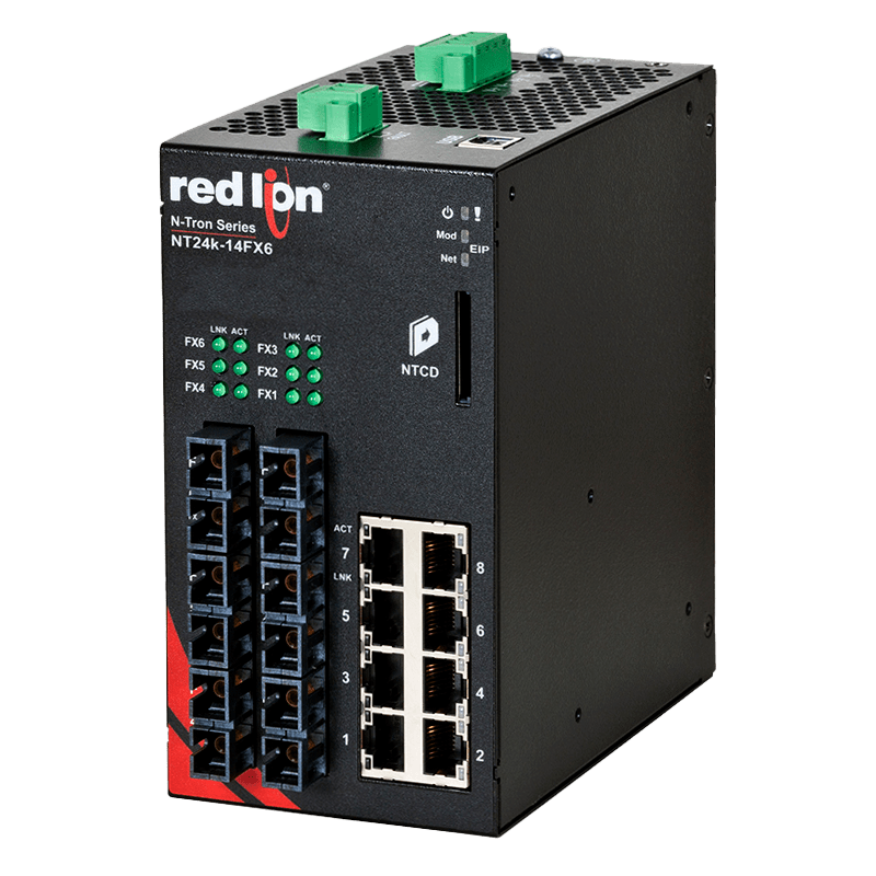 Switch Red Lion NT24K-14FX6 avec six ports fibre 100Base-FX SC, vue de biais Switch Red Lion NT24K-14FX6 avec six ports fibre 100Base-FX SC, vue de biais