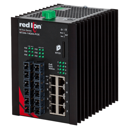 Switch PoE+ Red Lion NT24K-14GX6-SC-POE en boîtier rail DIN à ailettes