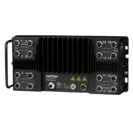 Switch IP67 Red Lion N-Tron NT24K-16M12 à seize ports M12 X-codé, vue de face
