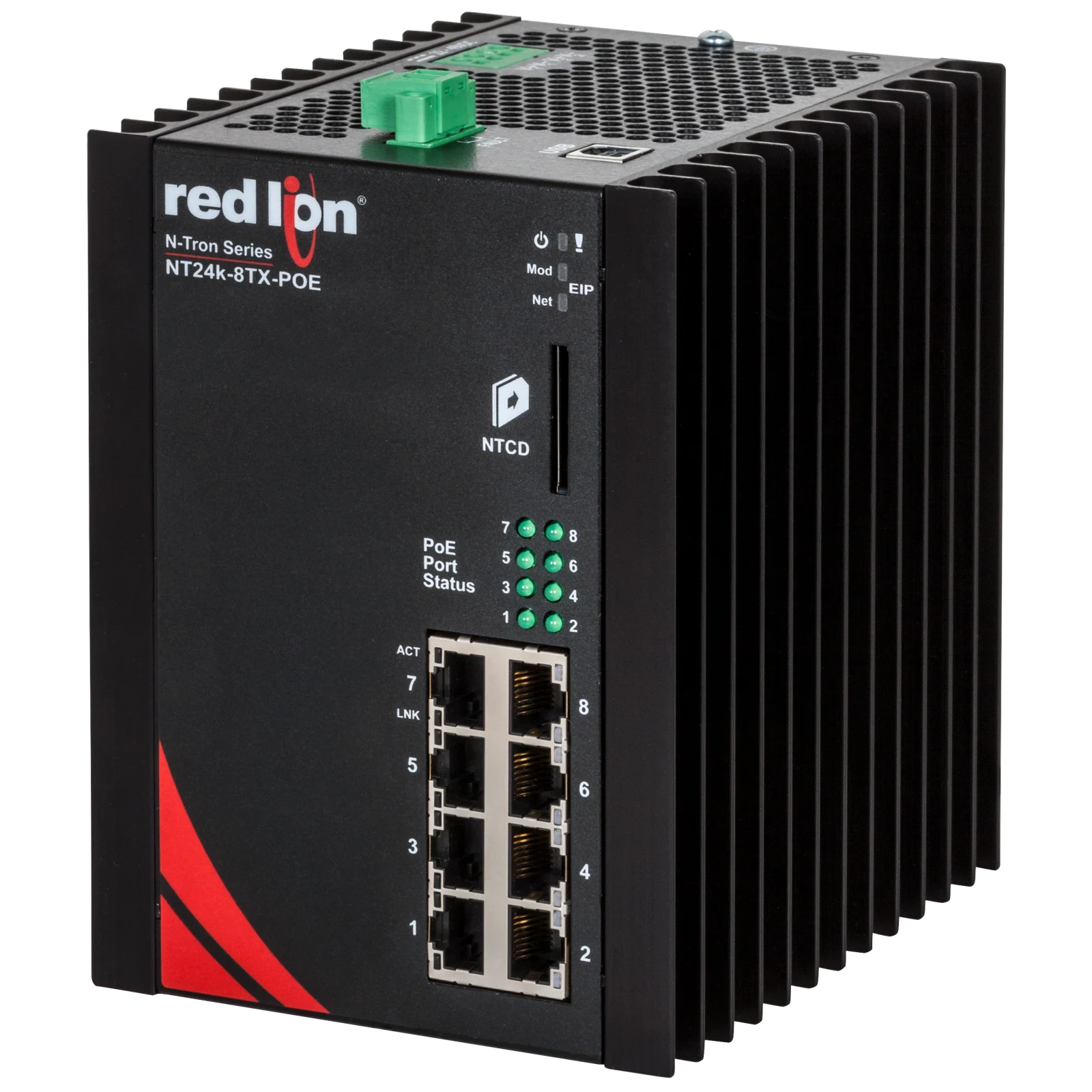 Switch PoE+ Red Lion NT24K-8TX-POE avec dissipateur à ailettes, vue de trois quarts