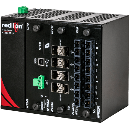 Switch modulaire Red Lion N-Tron NT24K-DR16 sur rail DIN avec modules SFP et fibre