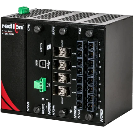 Switch modulaire Red Lion N-Tron NT24K-DR16 sur rail DIN avec modules SFP et fibre