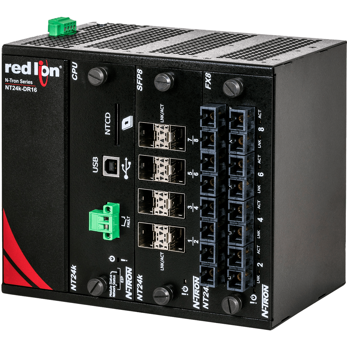 Switch modulaire Red Lion N-Tron NT24K-DR16 sur rail DIN avec modules SFP et fibre Switch modulaire Red Lion N-Tron NT24K-DR16 sur rail DIN avec modules SFP et fibre