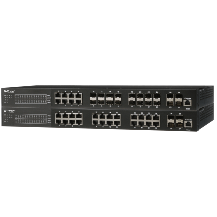 Red Lion NT328G-20SFP en rack 1U, façade à vingt cages SFP