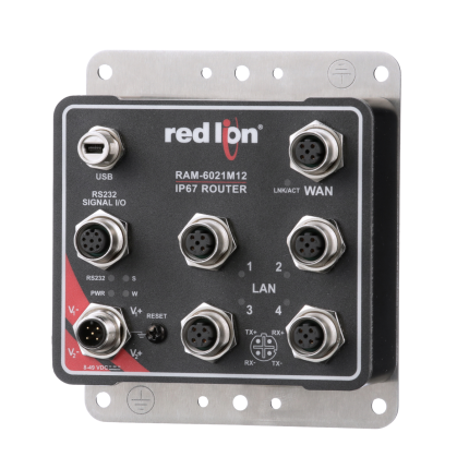 Red Lion RAM-6021M12 routeur industriel IP67 à connecteurs M12, vue de face