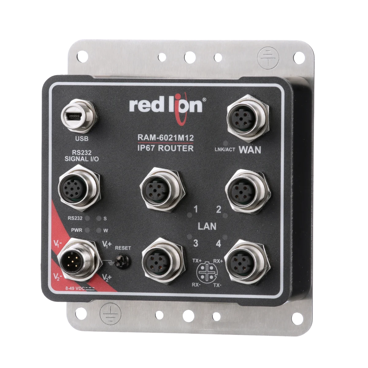 Red Lion RAM-6021M12 routeur industriel IP67 à connecteurs M12, vue de face