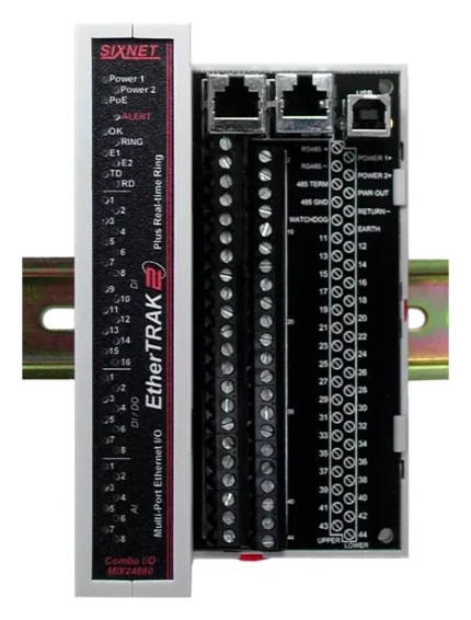 Red Lion Sixnet EtherTRAK-2 EB, module d'entrées et sorties Ethernet alimenté par PoE sur rail DIN, vue de face