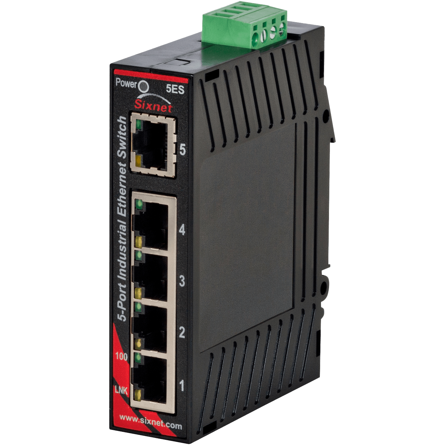 Switch industriel Red Lion Sixnet SL-5ES-1 avec cinq ports RJ45, vue de face Switch industriel Red Lion Sixnet SL-5ES-1 avec cinq ports RJ45, vue de face