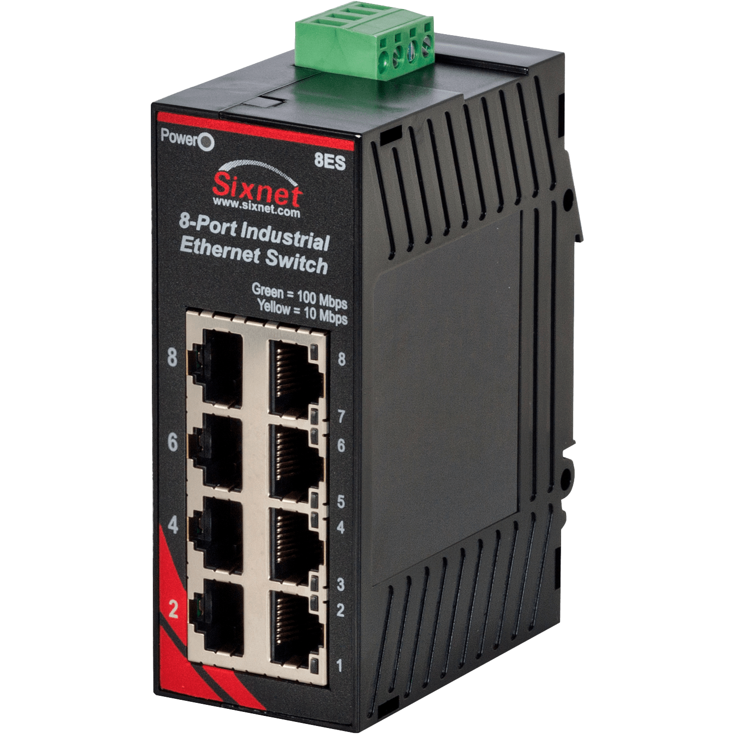 Switch industriel Red Lion Sixnet SL-8ES-1 avec huit ports RJ45, vue de face Switch industriel Red Lion Sixnet SL-8ES-1 avec huit ports RJ45, vue de face