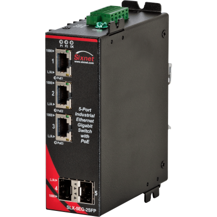 Switch PoE Gigabit Red Lion Sixnet SLX-5EG-2SFP avec trois ports PoE et deux SFP