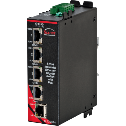 Switch PoE industriel Red Lion Sixnet SLX-5EG-1 avec cinq ports RJ45 Gigabit