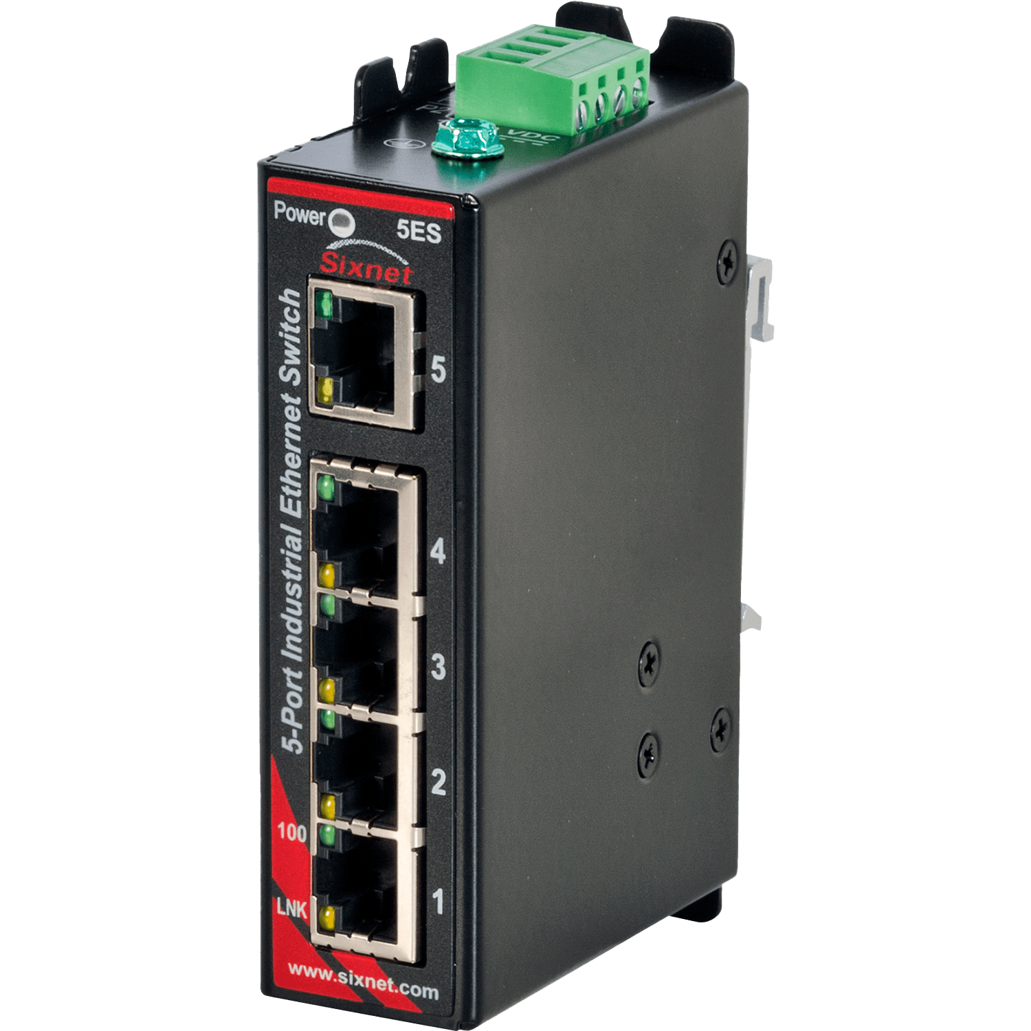Switch Ethernet industriel Red Lion Sixnet SLX-5ES-1 avec cinq ports RJ45, vue de face Switch Ethernet industriel Red Lion Sixnet SLX-5ES-1 avec cinq ports RJ45, vue de face