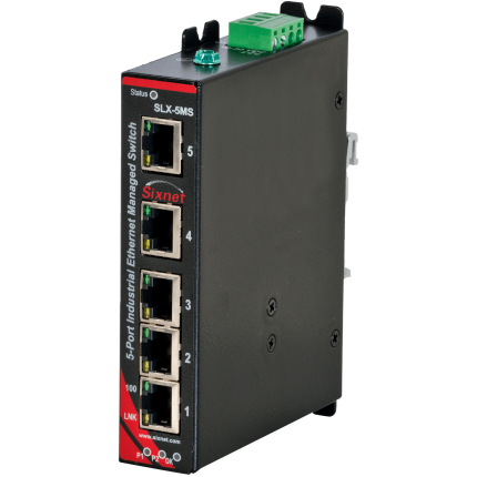 Switch manageable Red Lion Sixnet SLX-5MS-1 à cinq ports RJ45, vue de trois quarts