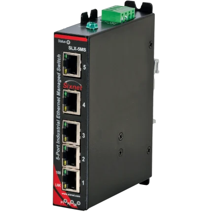 Switch manageable Red Lion Sixnet SLX-5MS-1 à cinq ports RJ45, vue de trois quarts