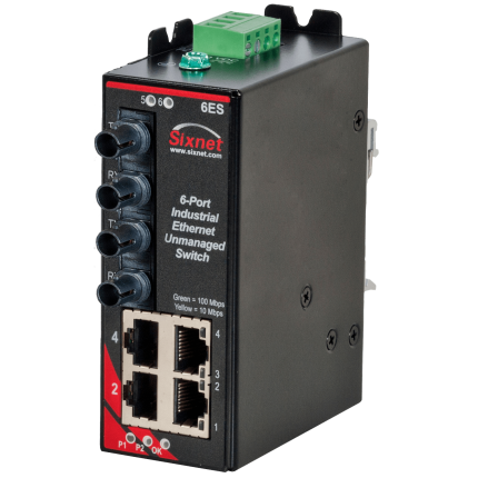 Switch industriel Red Lion Sixnet SLX-6ES version deux fibres ST, vue de trois quarts