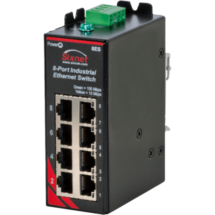 Switch industriel Red Lion Sixnet SLX-8ES-1 avec huit ports RJ45, vue de trois quarts