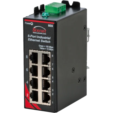 Switch industriel Red Lion Sixnet SLX-8ES-1 avec huit ports RJ45, vue de trois quarts