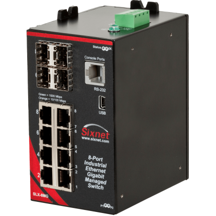 Switch manageable Gigabit Red Lion Sixnet SLX-8MG-1 avec huit RJ45 et quatre cages SFP