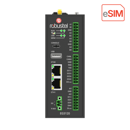 Face avant de l'EG3120e avec ports Ethernet, USB et borniers série, CAN et E/S