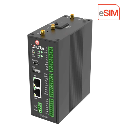 Passerelle edge computing 4G eSIM Robustel EG3120e en boîtier métal, vue de trois quarts