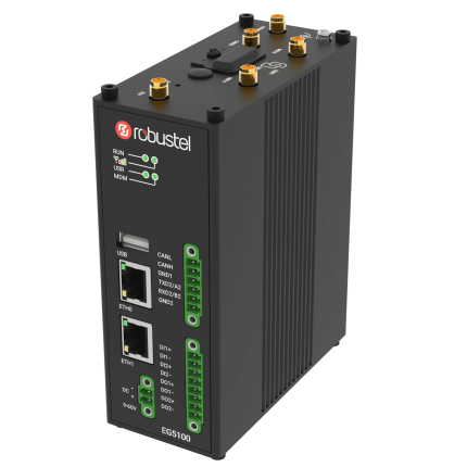 Passerelle edge computing 4G Robustel EG5100 en boîtier métal, vue de trois quarts