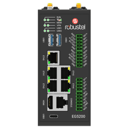 Face avant de l'EG5200 avec cinq ports Gigabit, HDMI, USB et borniers