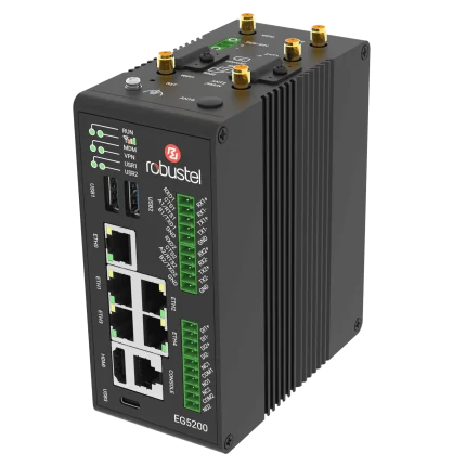 Passerelle edge computing IA Robustel EG5200 en boîtier métal, vue de trois quarts