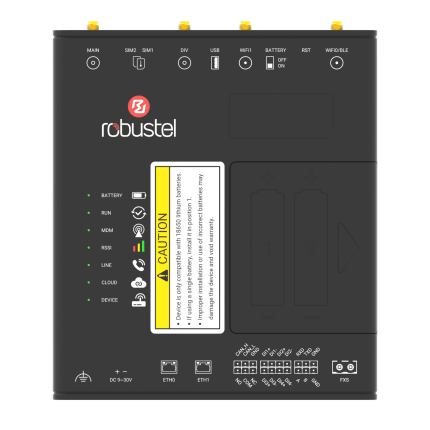 Vue de dessus de l'EV8100 avec voyants, borniers et ports Ethernet