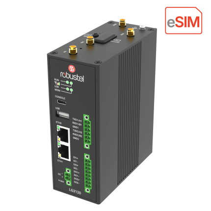 Passerelle LoRaWAN industrielle Robustel LG3120e en boîtier métal, vue de trois quarts