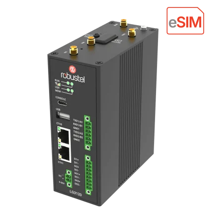 Passerelle LoRaWAN industrielle Robustel LG3120e en boîtier métal, vue de trois quarts