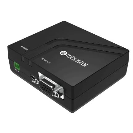 Modem 4G industriel Robustel M1000 MP avec port RS-232 DB9, vue de trois quarts