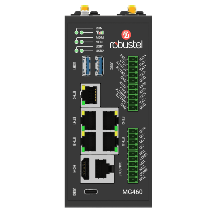 Face avant du MG460 avec cinq ports Gigabit, HDMI, USB 3.0 et borniers