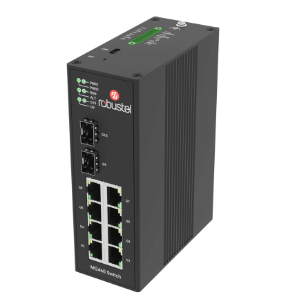 Switch PoE Gigabit manageable Robustel MG460 Switch, boîtier métal vue de trois quarts