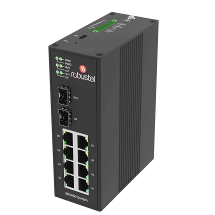 Switch PoE Gigabit manageable Robustel MG460 Switch, boîtier métal vue de trois quarts