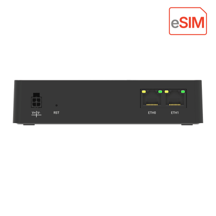 Face de la R1320LGe avec connecteur d'alimentation Micro-Fit et deux ports Ethernet